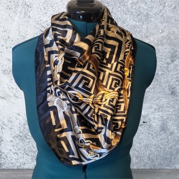 Scarf Silk Black and Gold Satin Print 35 x 35 inches - Picture 6 of 13